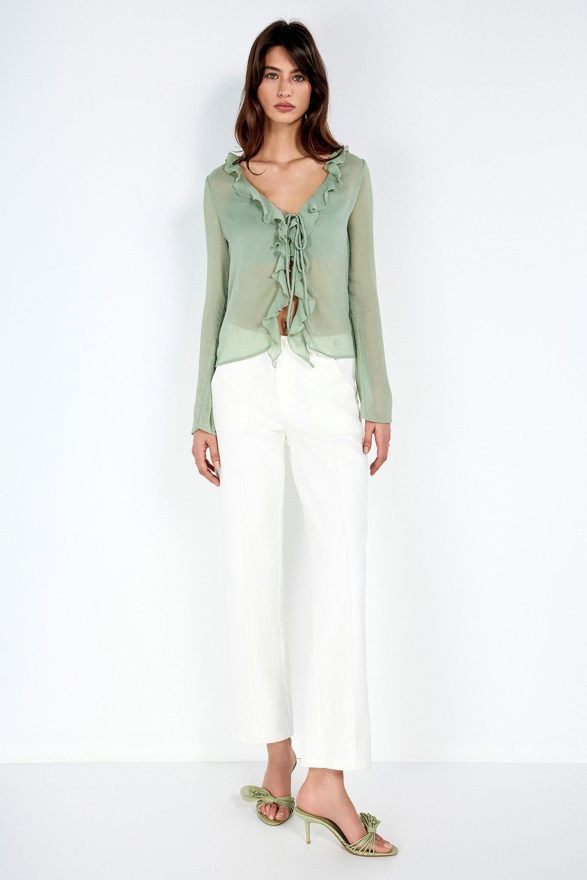 Fırfır Detaylı Yeşil Şifon Bluz