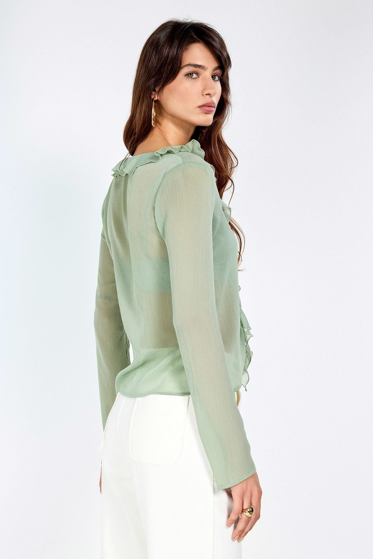 Fırfır Detaylı Yeşil Şifon Bluz