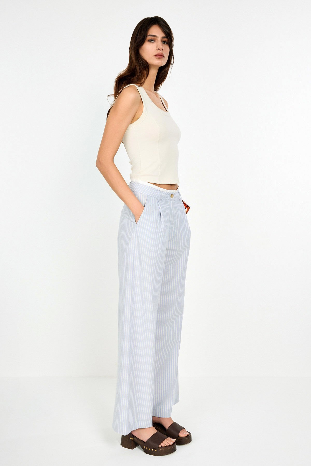 Belden Poplin Detaylı Çizgili Pantolon