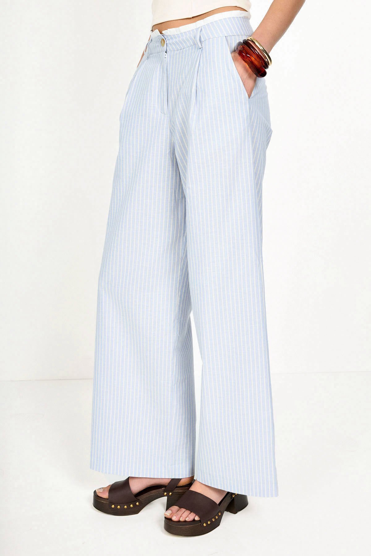 Belden Poplin Detaylı Çizgili Pantolon