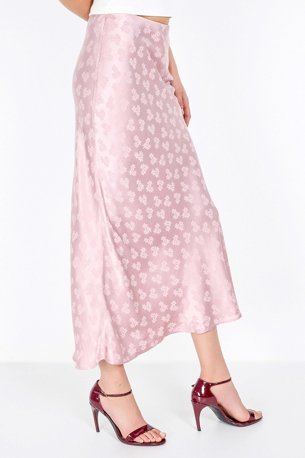 Jakarlı Pembe Midi Etek