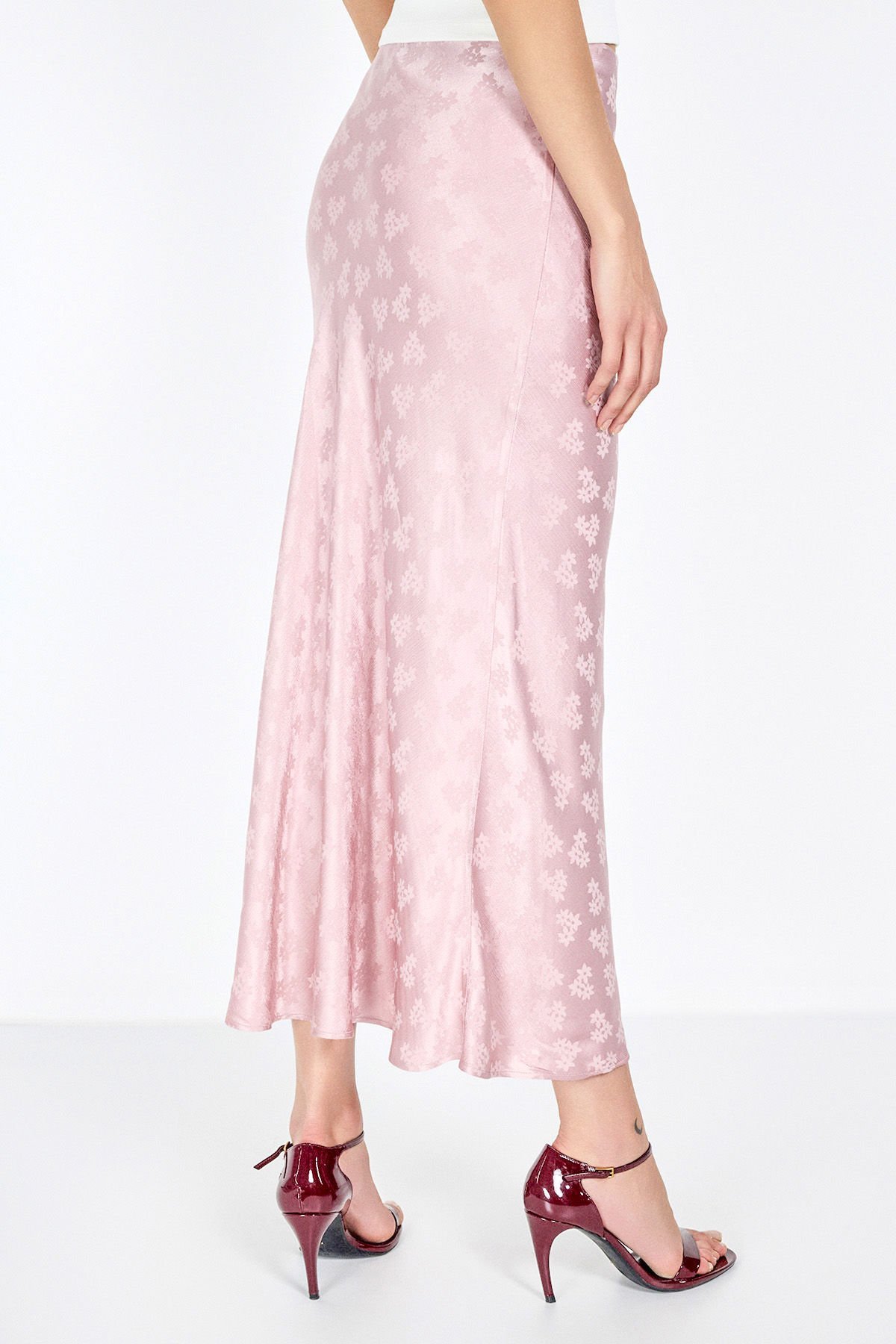 Jakarlı Pembe Midi Etek