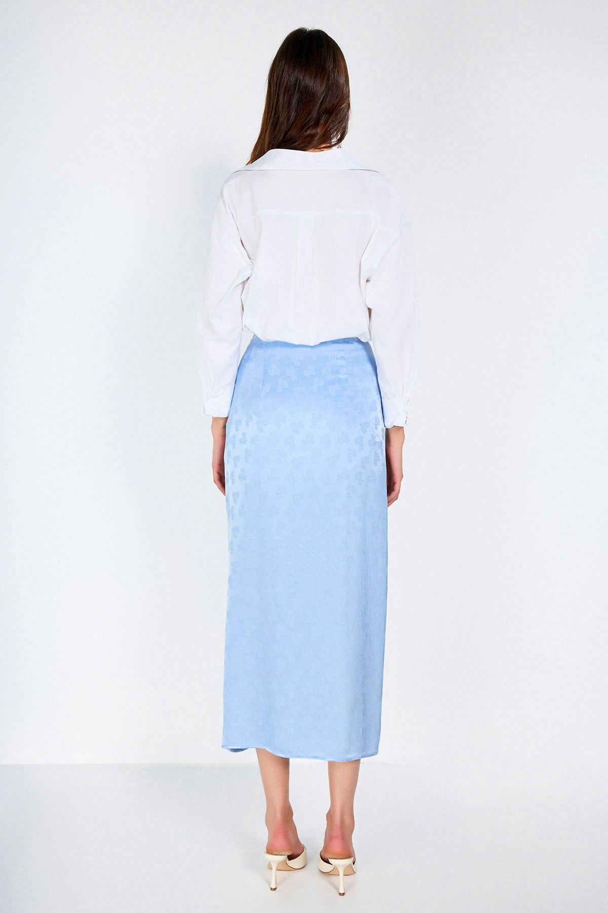 Jakarlı Önden Düğme Detaylı Mavi Midi Etek