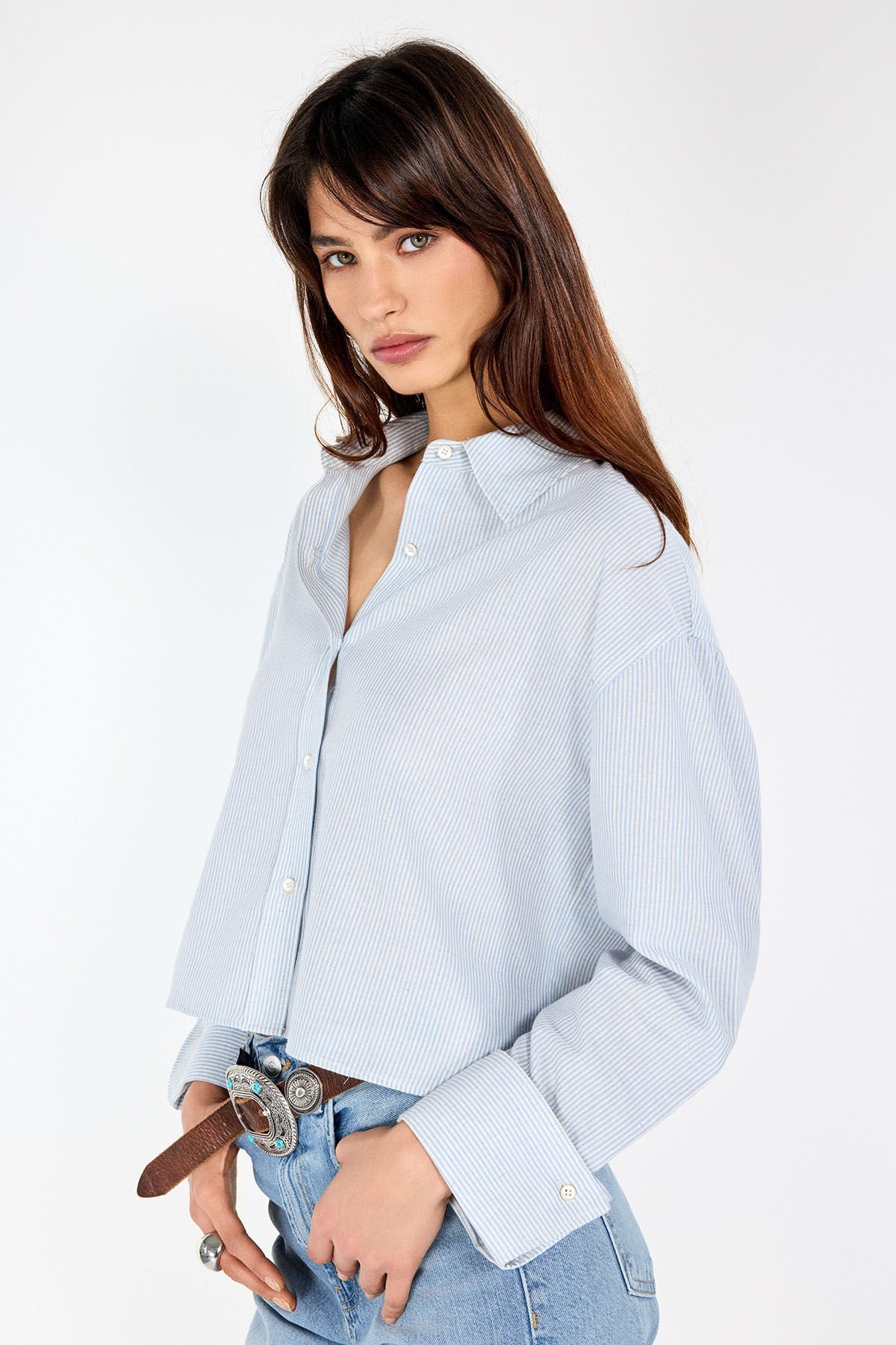 Crop Çizgili Gömlek
