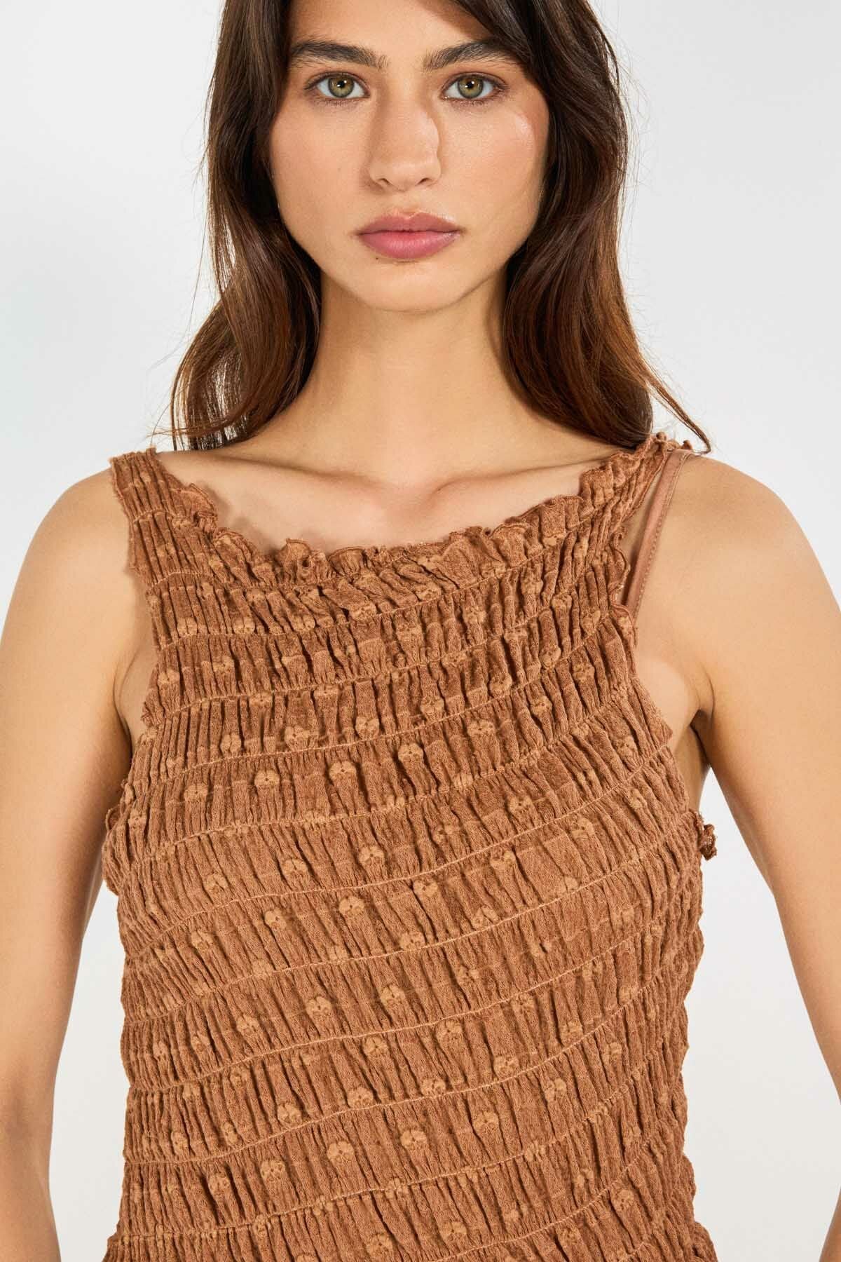 Kahve  Asimetrik Dantel Elbise