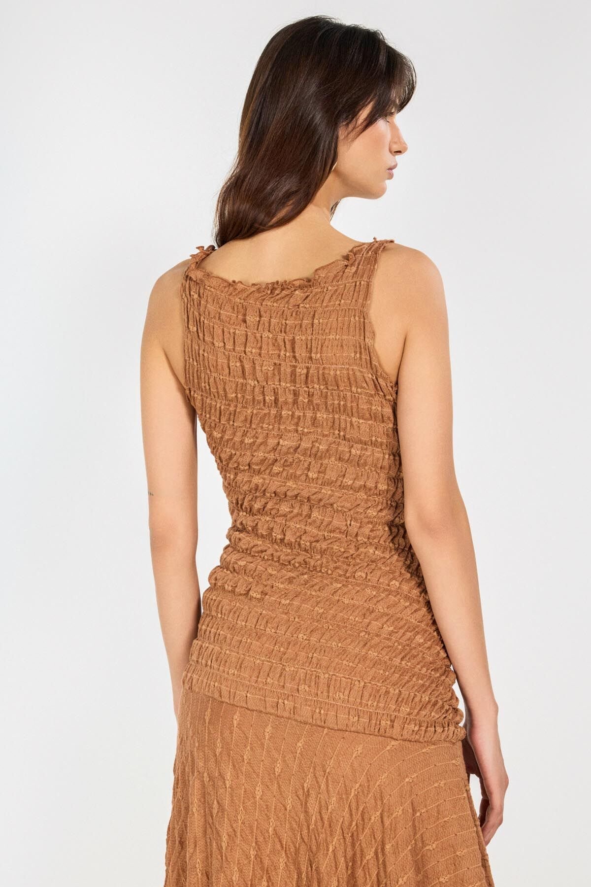 Kahve  Asimetrik Dantel Elbise