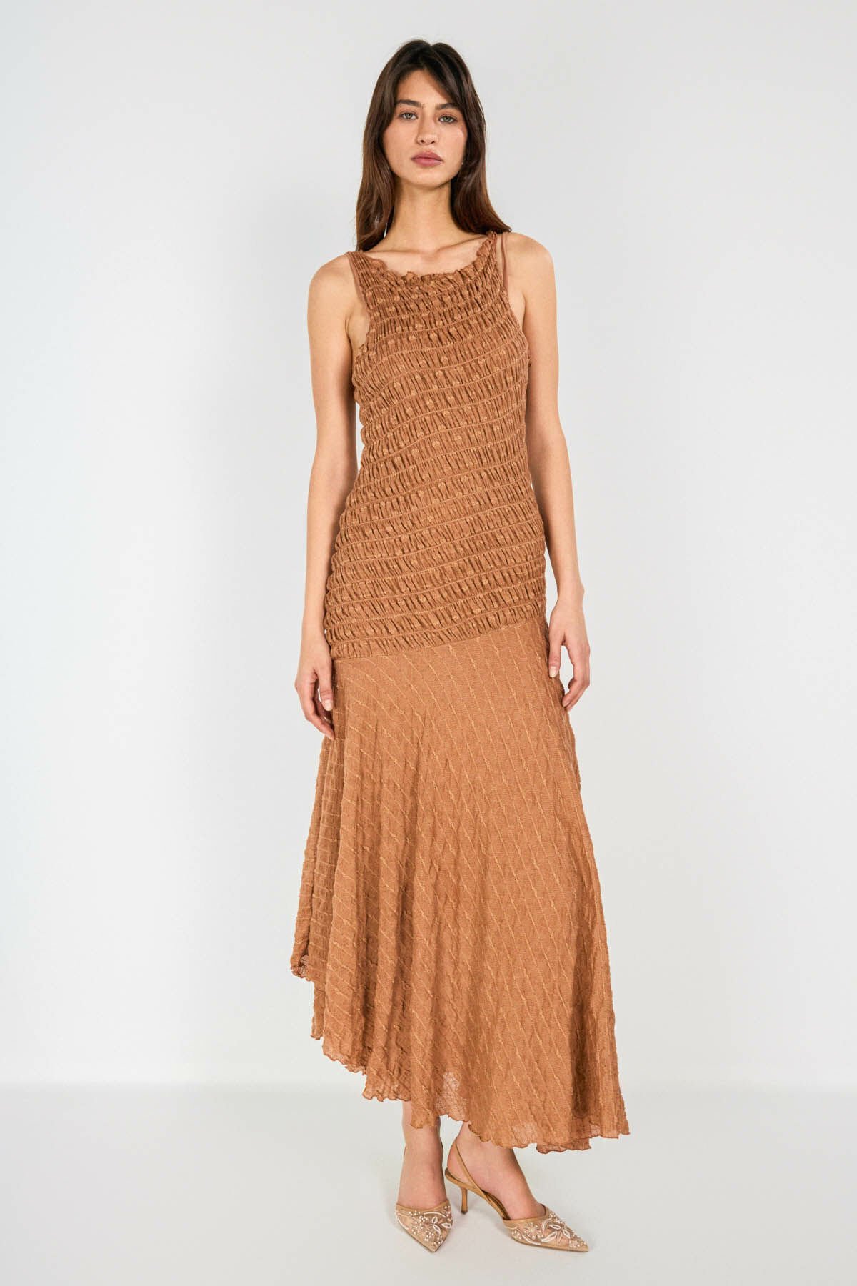 Kahve  Asimetrik Dantel Elbise