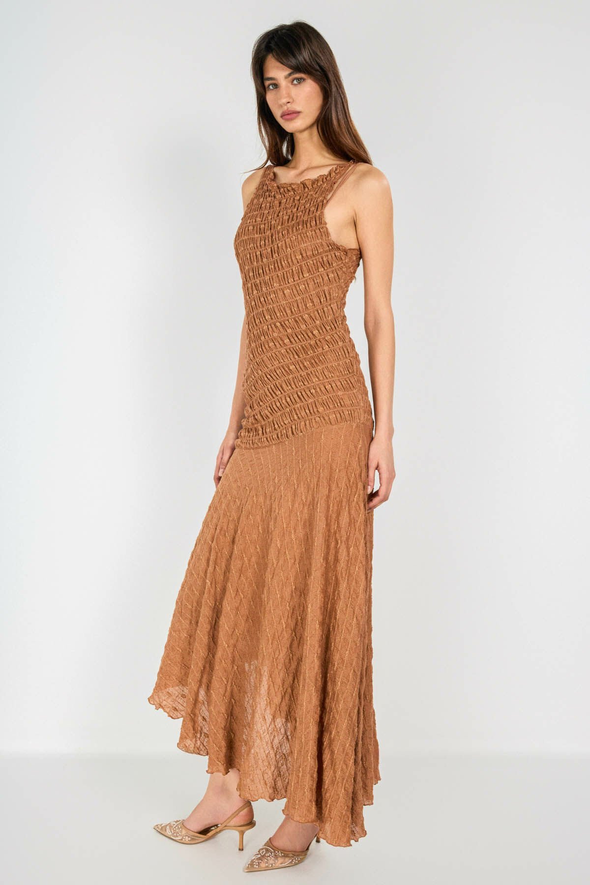 Kahve  Asimetrik Dantel Elbise