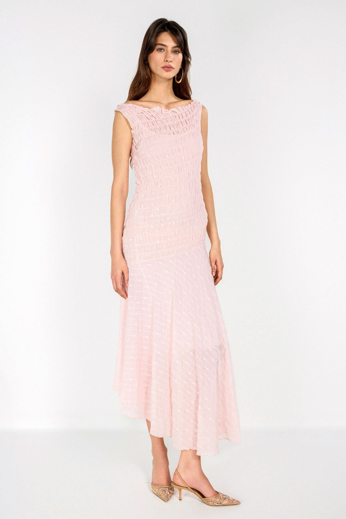 Pembe Asimetrik Dantel Elbise