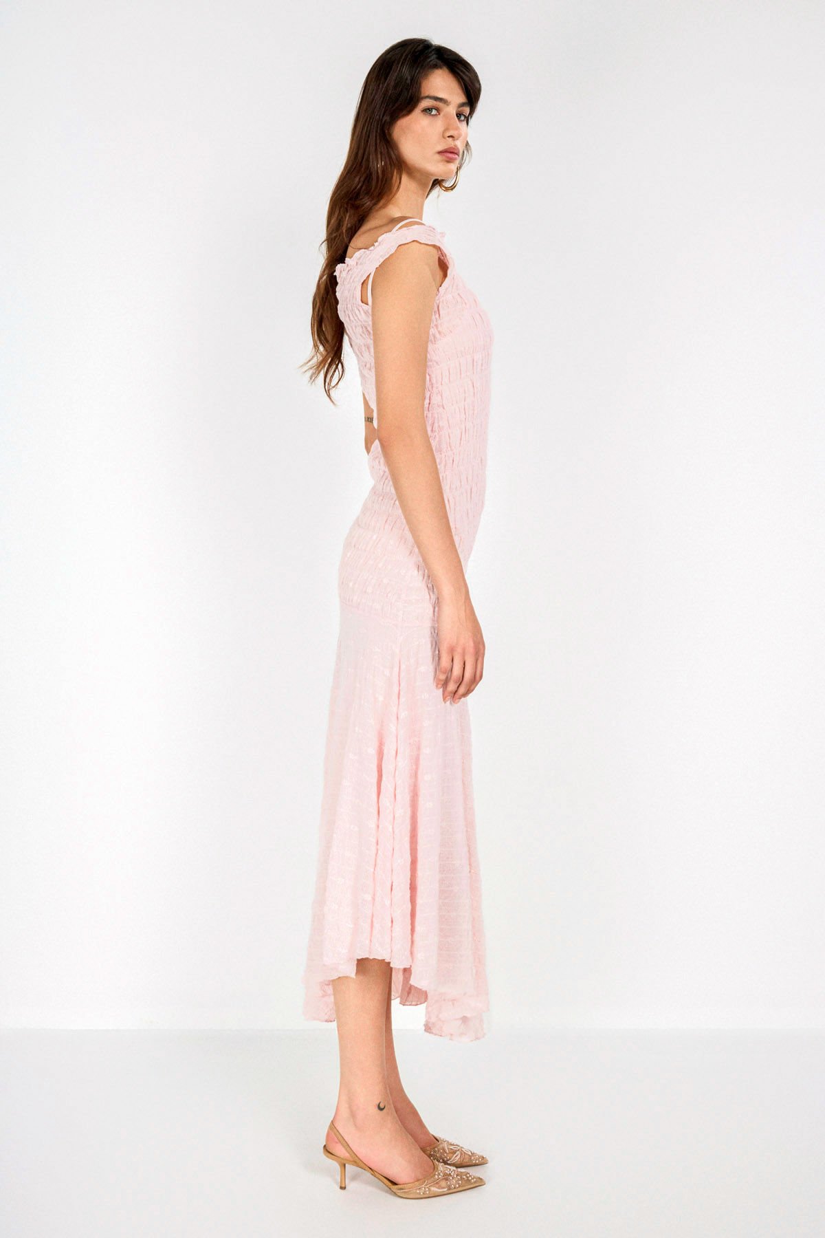 Pembe Asimetrik Dantel Elbise