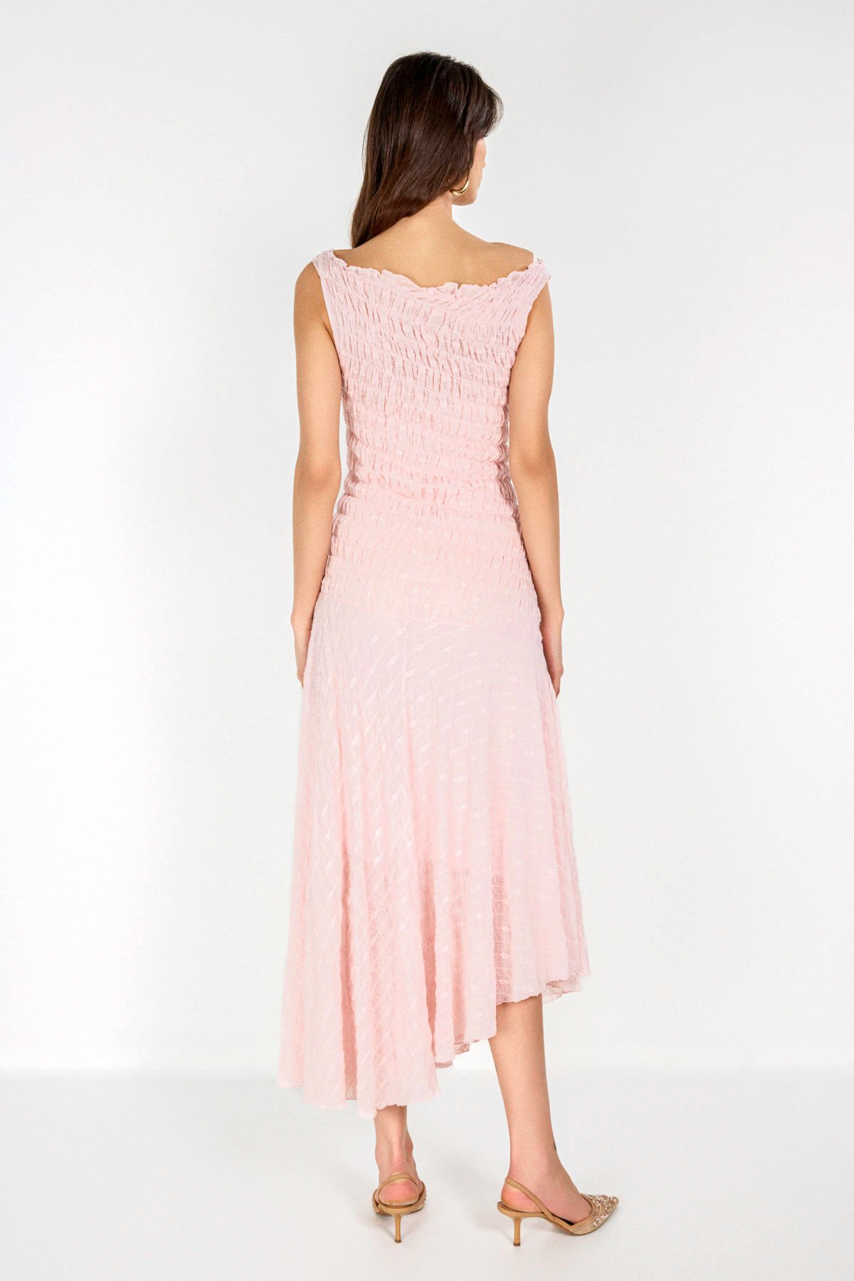 Pembe Asimetrik Dantel Elbise