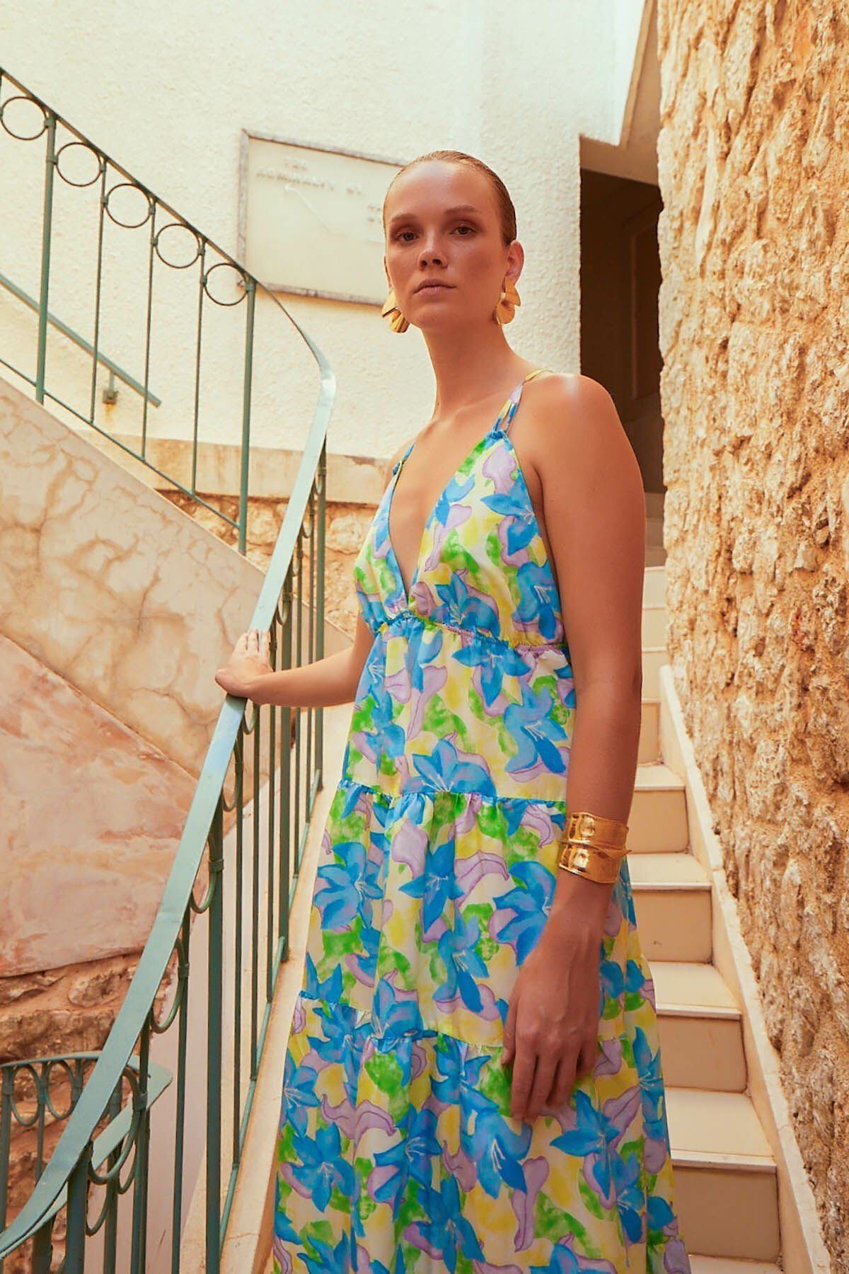 Yeşil Çiçek Desenli Elbise