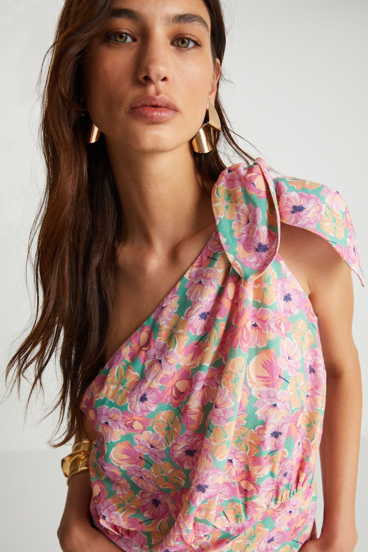 Çiçek Desenli Keten Elbise