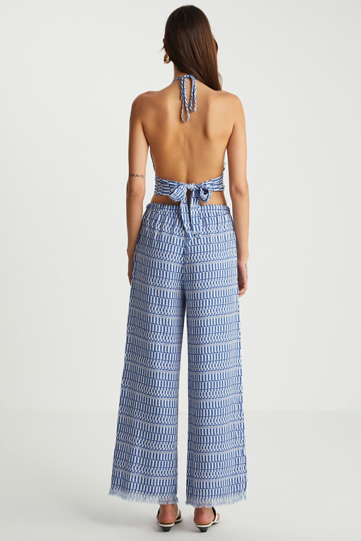 Mavi Desenli Keten Karışımlı Büstiyer