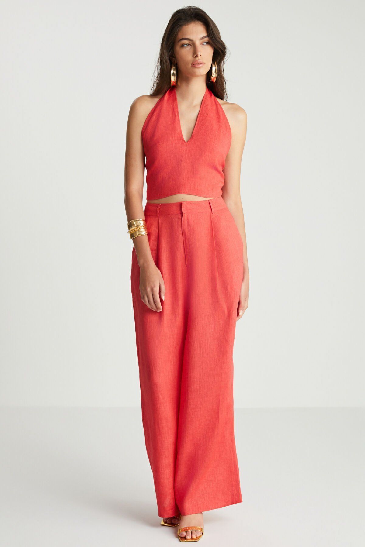 Kırmızı Keten Pantolon