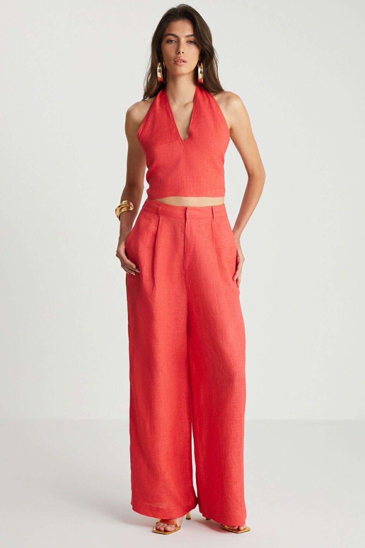 Kırmızı Keten Pantolon