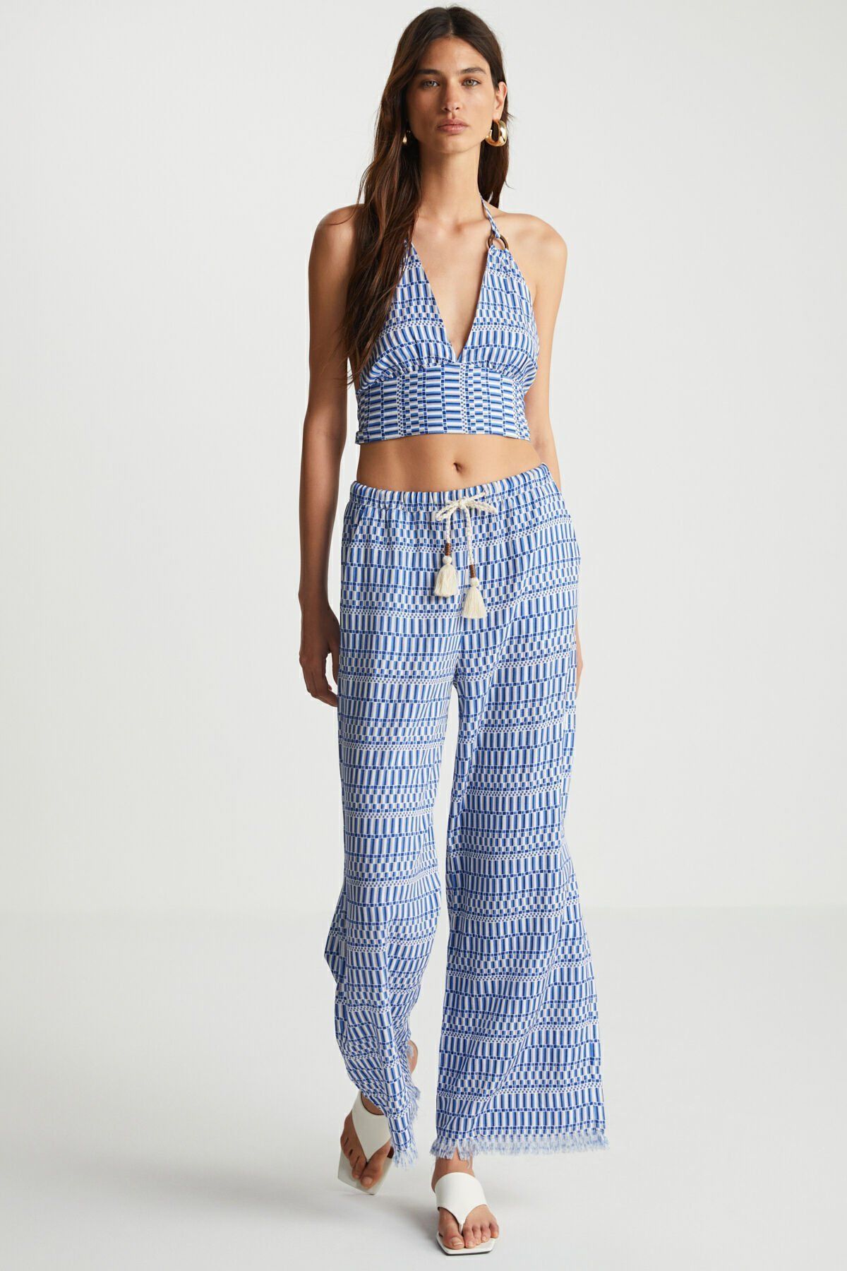 Mavi Desenli Keten Karışımlı Pantolon