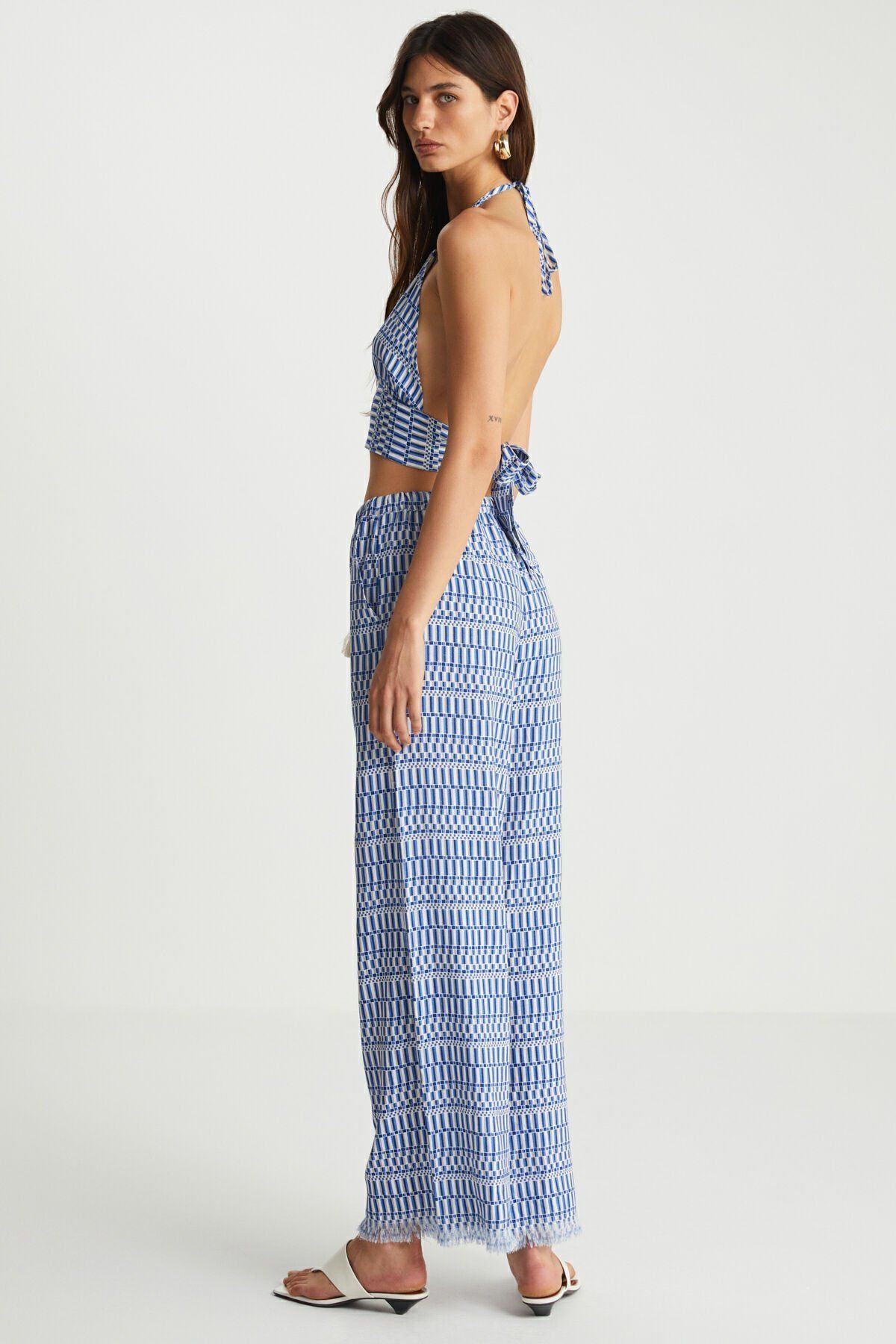 Mavi Desenli Keten Karışımlı Pantolon