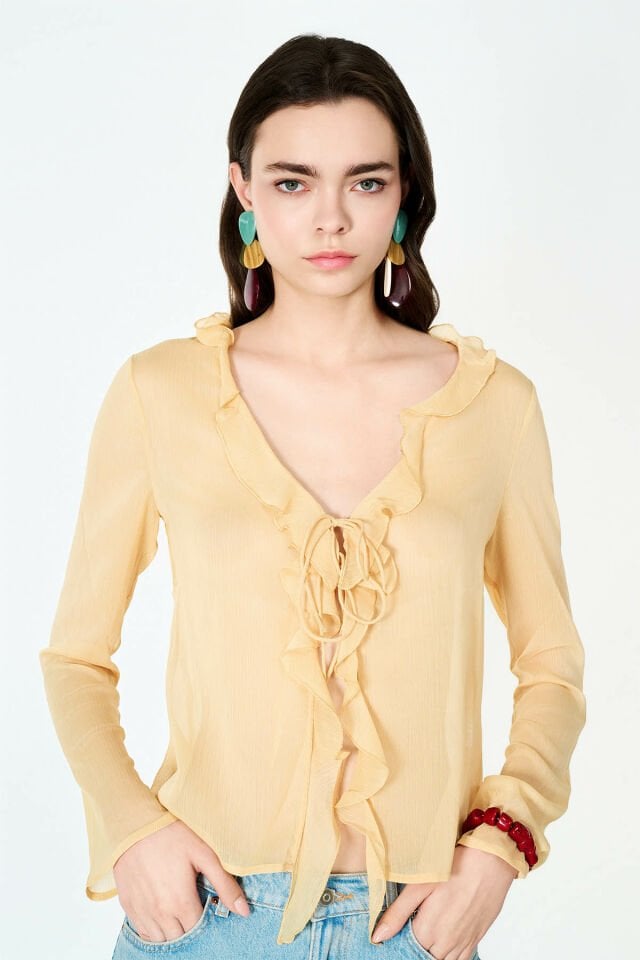 Fırfır Detaylı Sarı Şifon Bluz