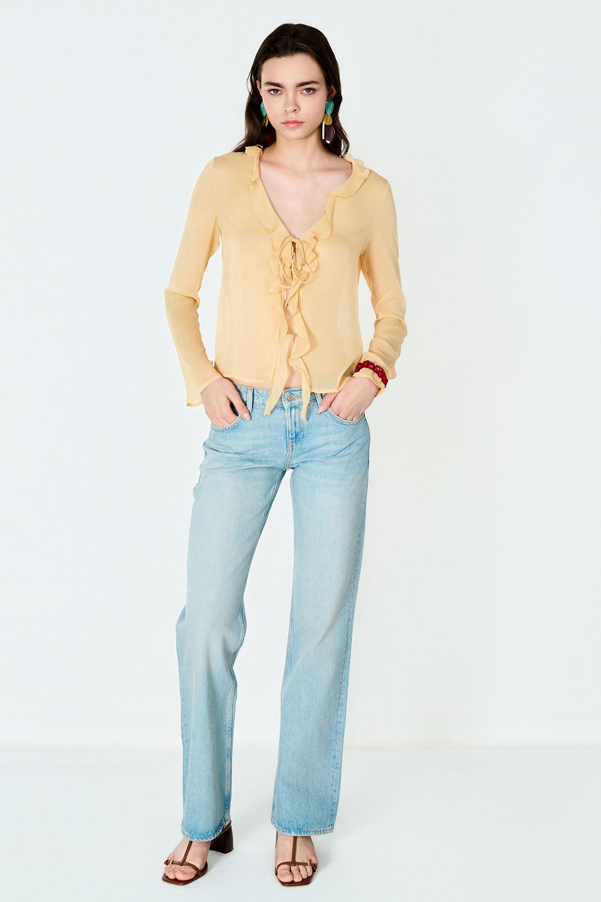 Fırfır Detaylı Sarı Şifon Bluz