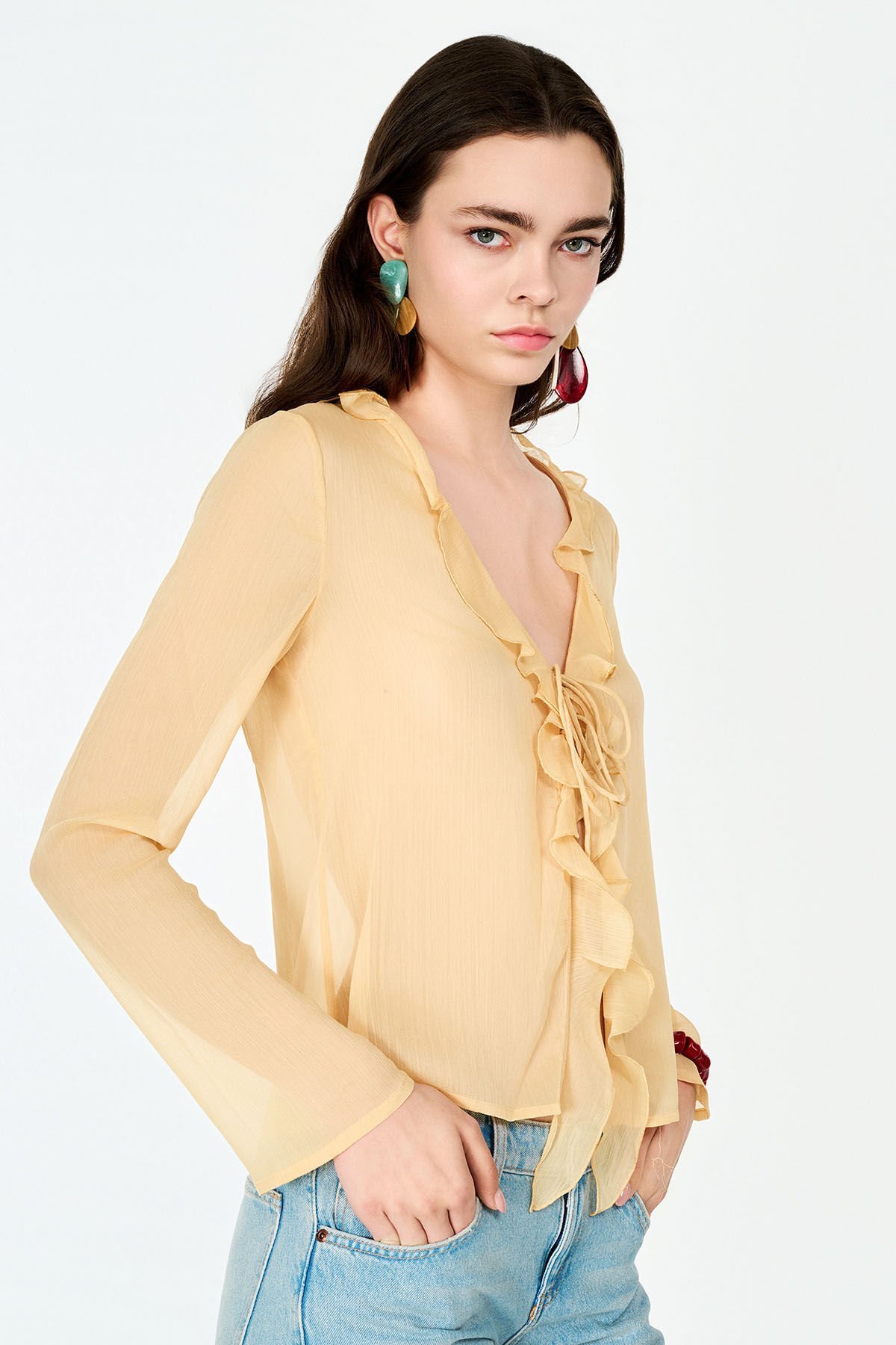 Fırfır Detaylı Sarı Şifon Bluz