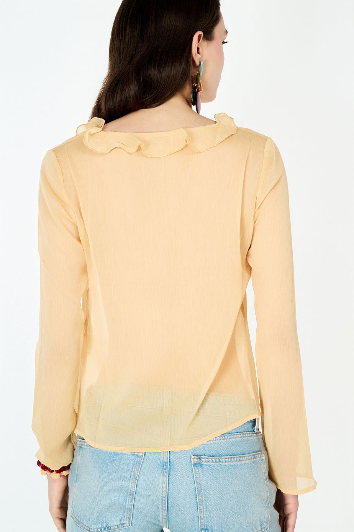 Fırfır Detaylı Sarı Şifon Bluz