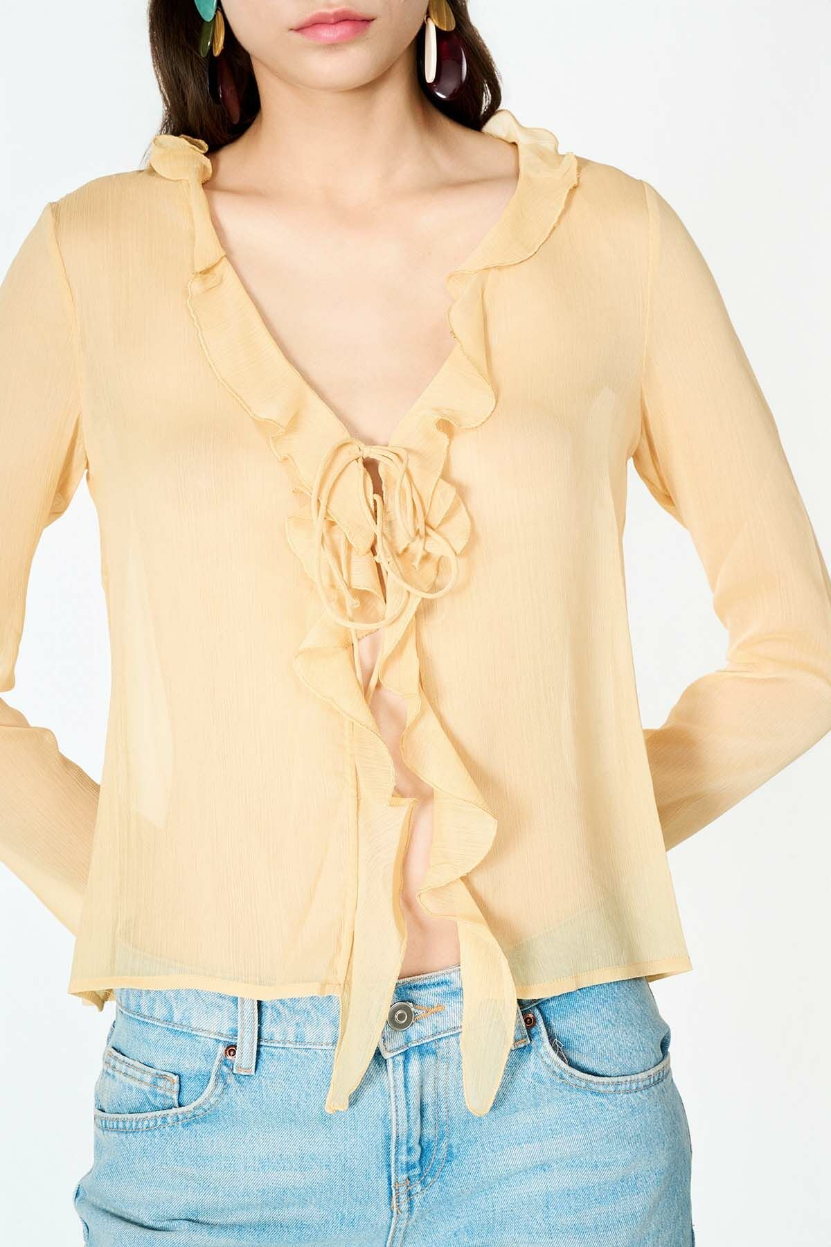 Fırfır Detaylı Sarı Şifon Bluz