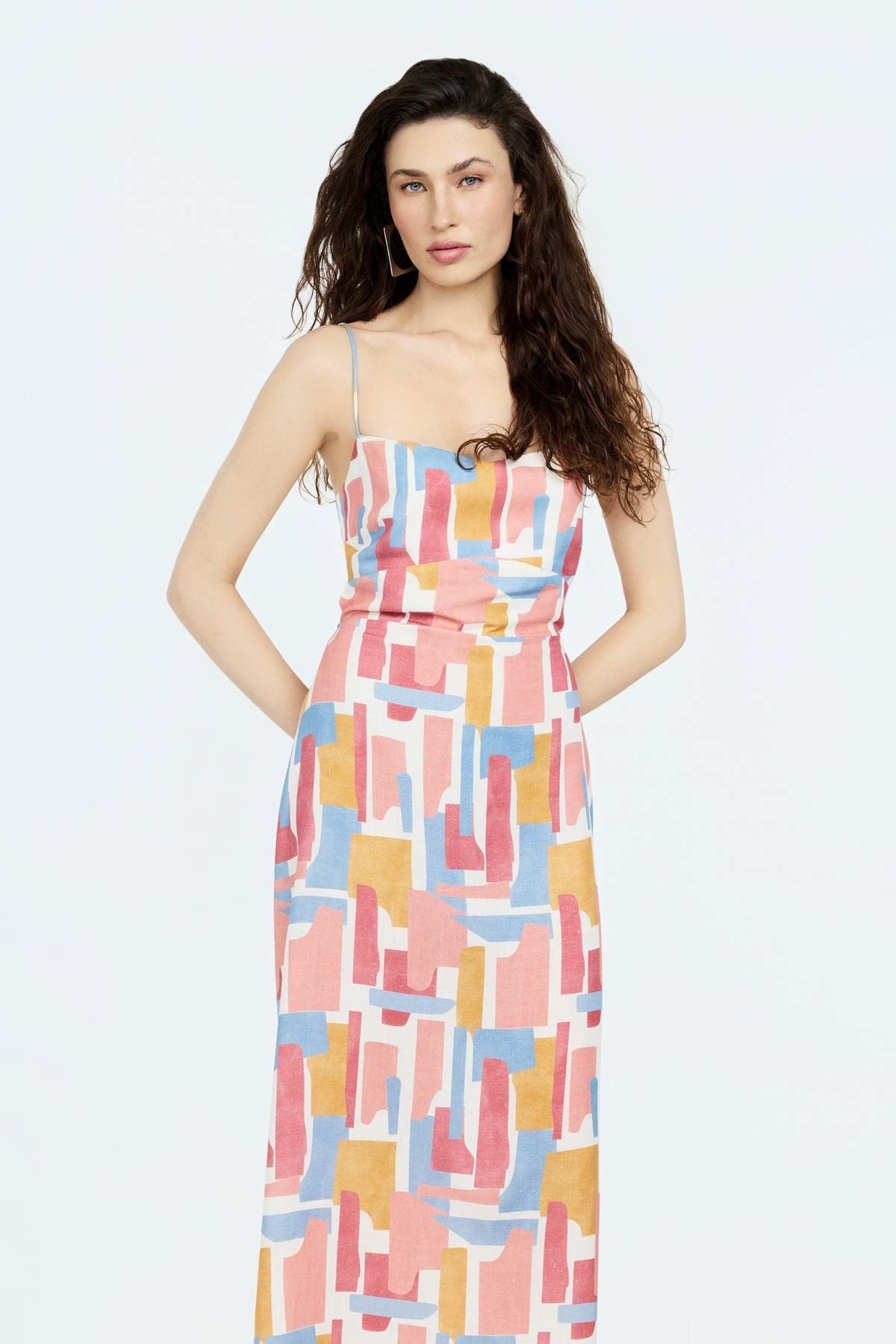 Pastel Baskılı Arkası Açık Keten Elbise