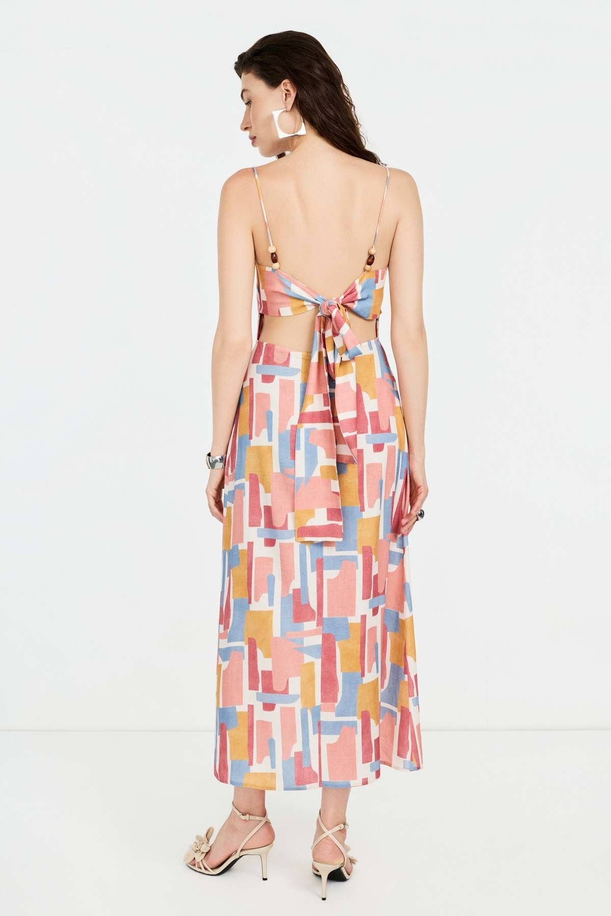 Pastel Baskılı Arkası Açık Keten Elbise