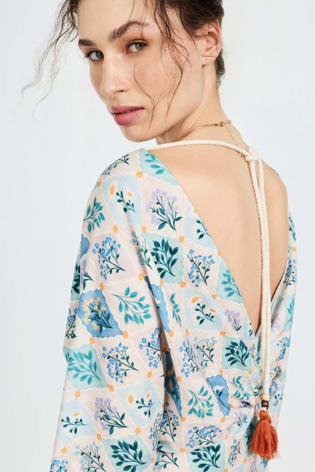 Keten Karışımlı Yarasa Kol Elbise