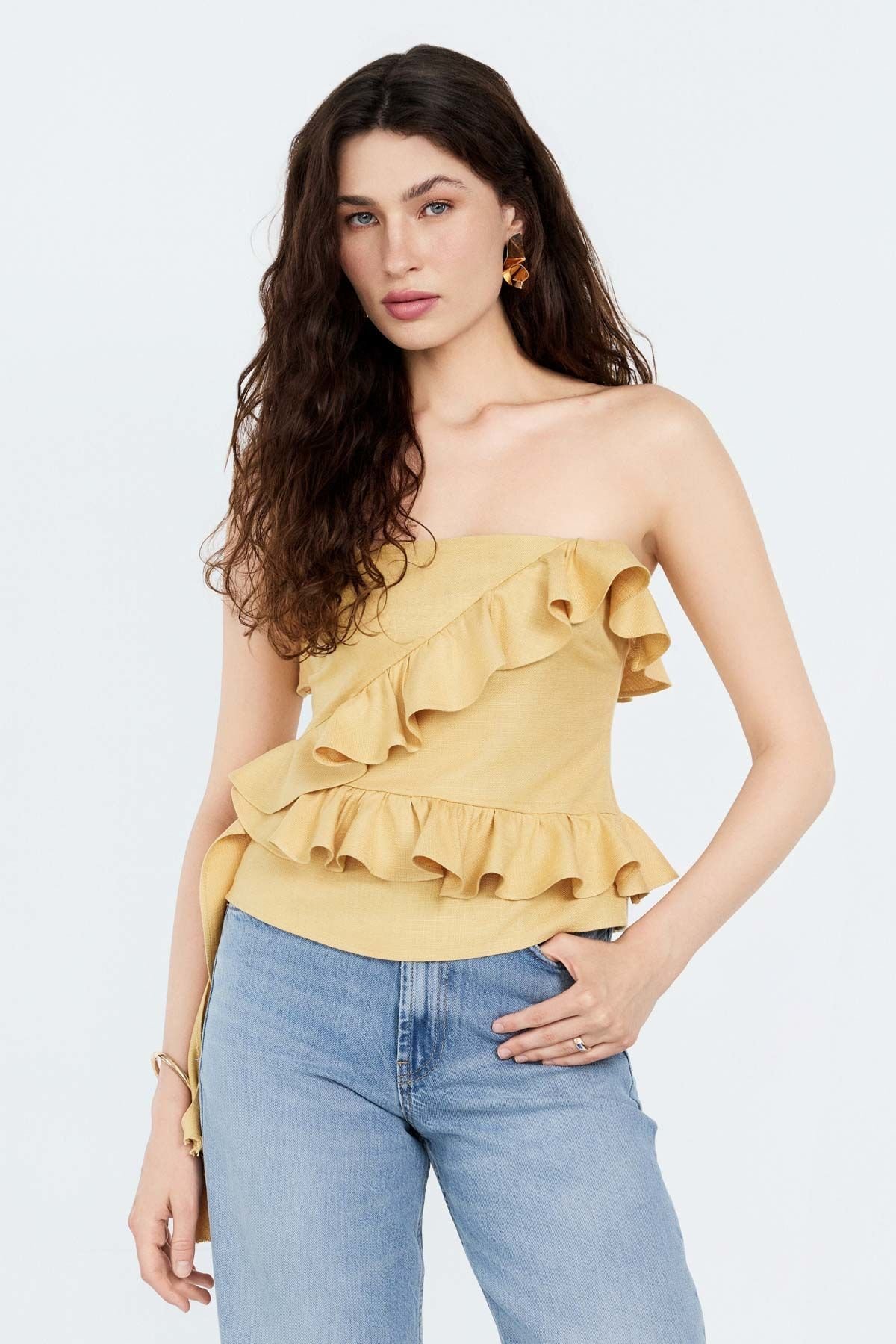 Fırfır Detaylı Yandan Fermuarlı Straplez Top